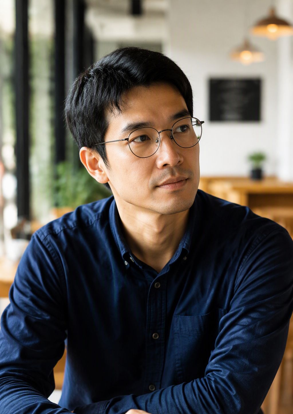 A thoughtful 30-year-old Asian man wearing minimal thin-frame glasses in a bright cafe