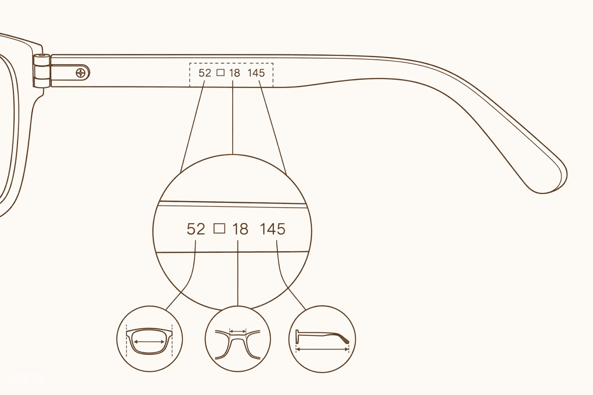 Where to find the three size numbers on your glasses&rsquo; temple arm — lens width, bridge, and temple length