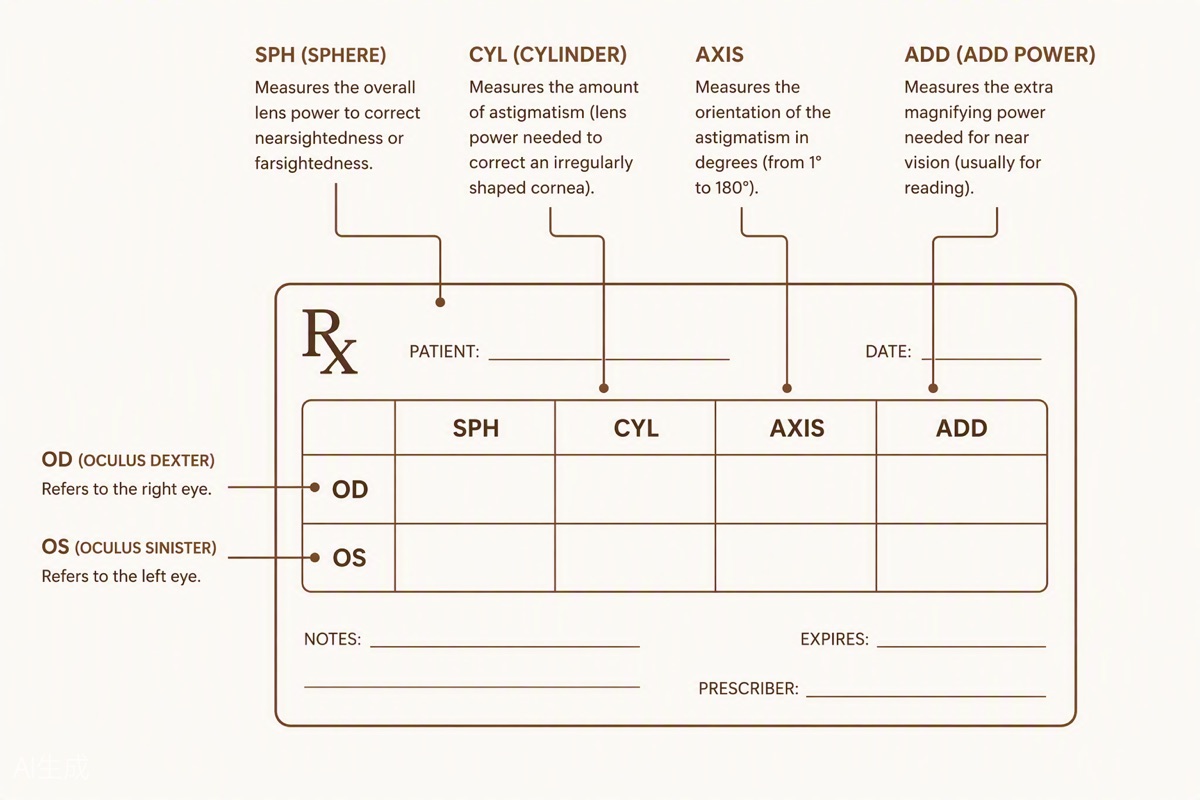 Anatomy of a glasses prescription — what SPH, CYL, AXIS, and ADD each measure