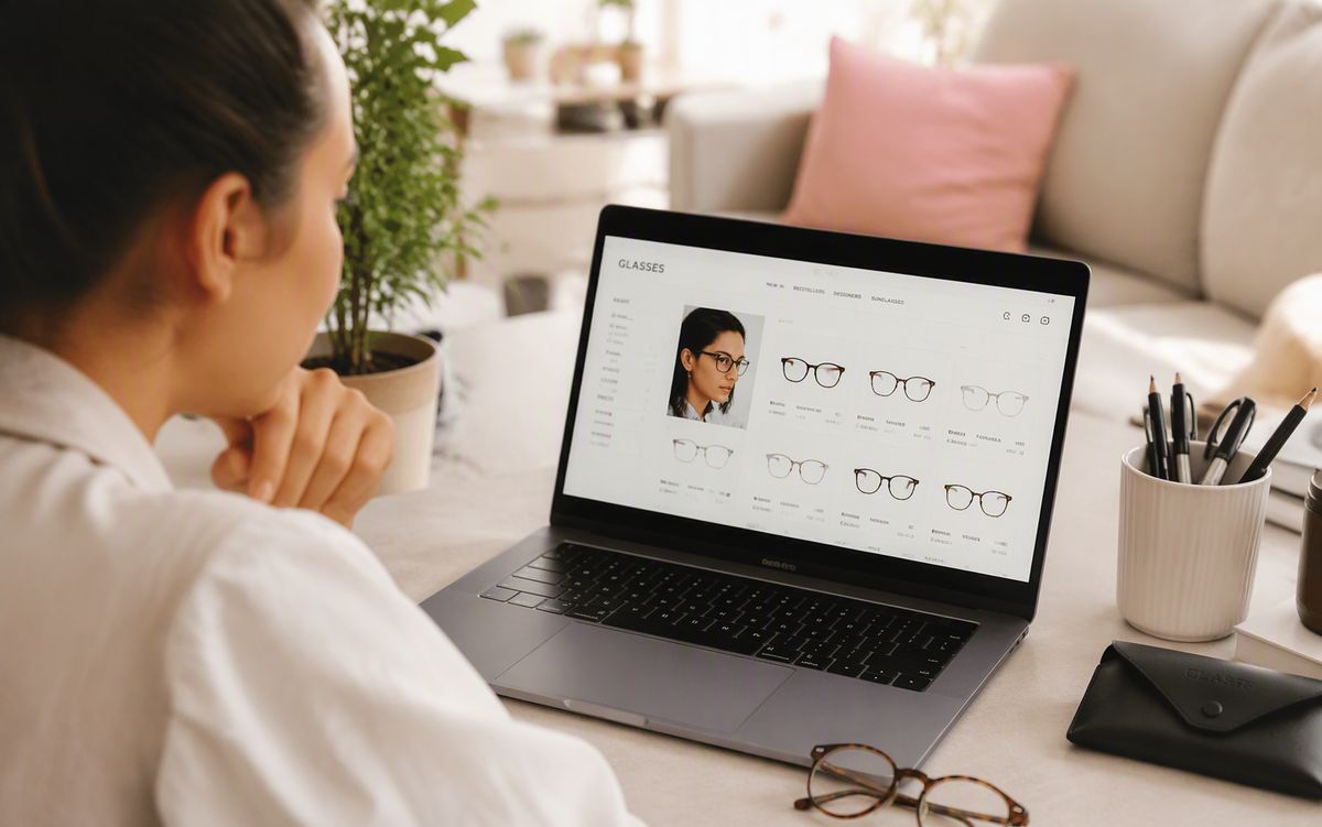 Shopping for glasses online — a laptop showing an eyewear store beside a pair of frames